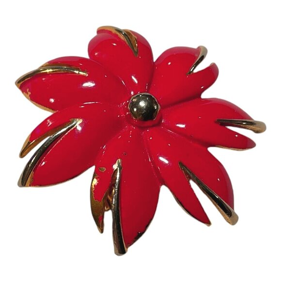 Vintage Red Enamel Christmas Holiday Poinsettia Flower Brooch Gold Tone Pin 2” - Picture 3 of 4
